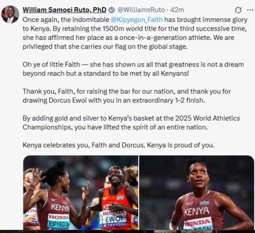 President William Ruto has praised Faith Kipyegon on winning her 4th 1500m World Championships title in Tokyo on Tuesday, September 16, 2025. PHOTO/ Screen grab by People Daily/@WilliamsRuoto/X