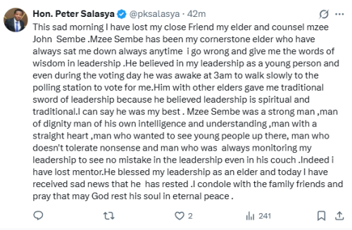 Statement of Mumias East MP Peter Salasya mourning Mzee John Sembe on Monday, September 22, 2025. PHOTO/ Screen grab by People Daily/@pksalasya/X