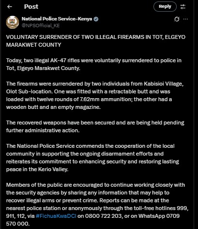 Part of NPS statement confirming the surrending of firearms on Saturday, September 13, 2025. PHOTO/@NPSOfficial_KE/X