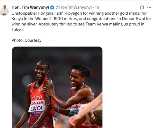 Westlands Member of Parliament Tim Wanyonyi praised Faith Kipyegon after winning her 4th 1500m World Championships title in Tokyo on Tuesday, September 16, 2025. PHOTO/Screen grab by People Daily Digital/@HonTimWanyonyi/X