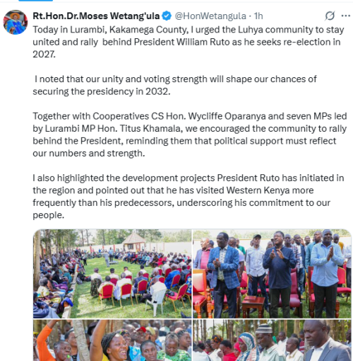 Statement of National Assembly Speaker Moses Wetangula urging the Mulembe Nation to back President Ruto's re-election bid. Photo/Screen grab by People Daily Digital/@HonWetangula/X