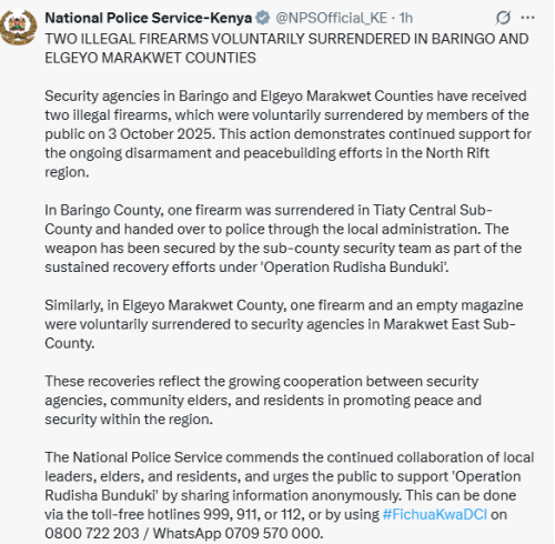 Statement ofNPS confirming recovery of firearms in Baringo and Elgeyo Marakwet Counties on Saturday, October 4, 2025. Photo/Screen grab by People Daily Digital/@NPSOfficial_KE/X