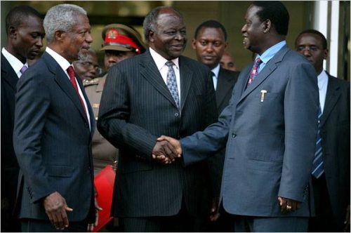 As Prime Minister, the late Raila Odinga exchanges greetings with President Mwai Kibaki and UN mediator Kofi Annan after signing the National Accord on February 28, 2008, establishing the Grand Coalition government. PHOTO/https://www.facebook.com/share/1FUEwu4ZsK/
