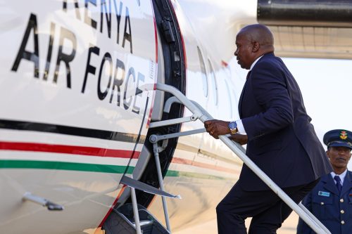 Deputy President Kithure Kindiki boards a Kenya Air Force plane before departing for Uganda on Thursday, October 9, 2025. PHOTO/PHOTO/https://www.facebook.com/Kithure Kindiki