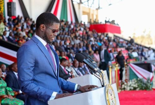 Senegalese President Bassirou Diomaye Faye addresses the congregation at Ithookwe Stadium in Kitui. PHOTO/https://www.facebook.com/BassirouDiomayeFaye