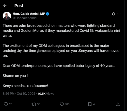A post shared by Caleb Amisi on X. PHOTO/Screengrab by PD Digital from @Honcalebamisi