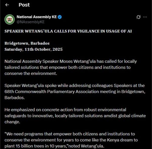 Part of the statement shared by the National Assembly of Kenya on Saturday, October 11, 2025. PHOTO/@NAssemblyKE/X