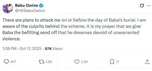 Statement of Babu Owino on his life fears released on Friday, October 17, 2025. PHOTO/Screen grab by People Daily Digital/@HEBabuOwino