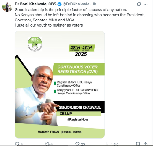 Senator Boni Khalwale's statement on youth voter registration on Monday, October 6, 2925. PHOTO/Screen grab by People Daily Digital/@DrBKhalwale/X