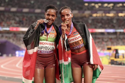 Beatrice Chebet and Faith Kipyegon during the World Athletics Championships in Tokyo. PHOTO/@WilliamsRuto/X