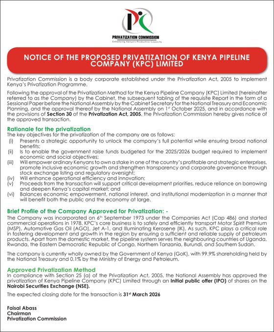 KPC privatisation gets green light, shares to hit NSE by March 2026 ...