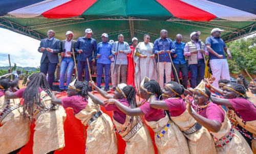 Kindiki, Murkomen, and other leaders during the empowerment drive in Sambirir, Marakwet East. PHOTO/@kipmurkomen/X