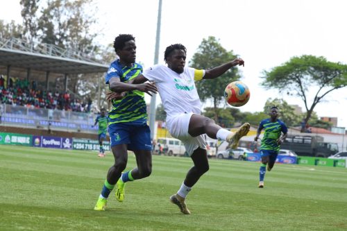 Austine Odhiambo tries to control the ball against KCB on Sunday at Dandora Stadium. PHOTO/@OfficialGMFC/X