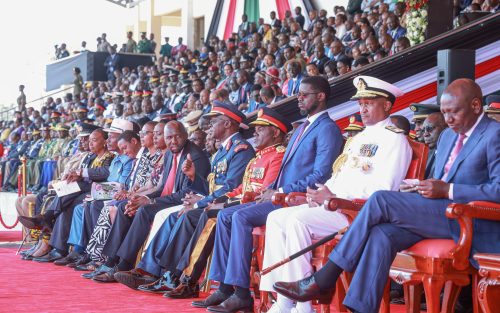Leaders during the Mashujaa Day celebrations at Ithookwe Stadium on Sunday. PHOTO/@CS_MoALD/X