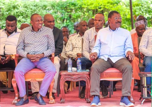 Kimani Ichung’wah and Moses Wetangula during a service at St. Teresa’s Isanjiro Catholic Church in Malava Town. PHOTO/@HonWetangula/X