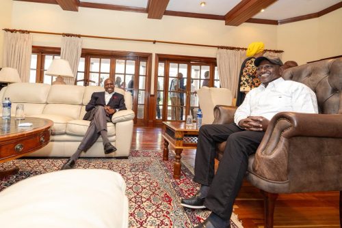 President William Ruto with Former Baringo Senator Gideon Moi at Nakuru county: PHOTO/facebook.com/williamsamoei