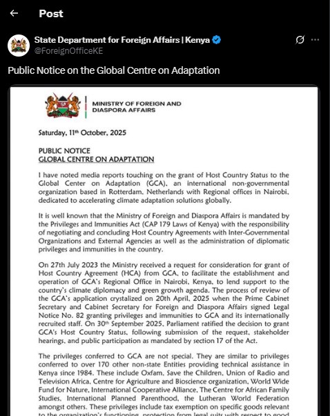 Part of the statement issued by Korir Sing'Oei on Saturday October 11, 2025. PHOTO/ Screengrab by PD Digital/@ForeignOfficeKE/X