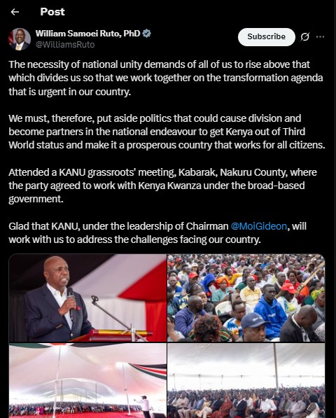 Part of President William Ruto's statement confirming meeting with Gideon Moi on Friday October 10, 2025. PHOTO/ Screengrab by PD Digital/@WilliamsRuto/X