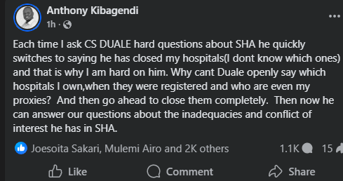 Statement of Kitutu Chache MP Anthony Kibagendi on exchange with Health CS Aden Duale on Tuesday, October 14, 2025. PHOTO/Screen grab by People Daily Digital/Anthony Kibagendi