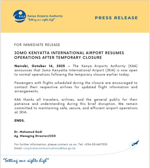 Statement of KPA on JKIA reopening on Thursday, October 16, 2025. PHOTO/KPA