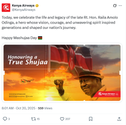 Statement of Kenya Airways honouring Raila Odinga on Mashujaa Day. PHOTO/@KenyaAirways