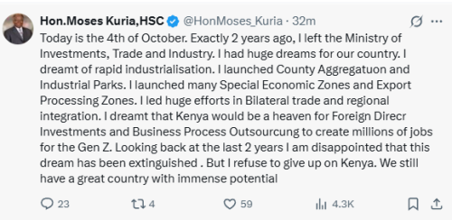 Moses Kuria;s reflection at the Ministry of Trade. PHOTO/Screen grab by People Daily Digital/ @HonMoses_Kuria
