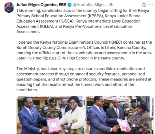Statement as Education CS Julius Migos opened the Kenya National Examinations Council (KNEC) container at the Bureti Deputy County Commissioner’s Offices in Litein on Monday, October 27, 2025. PHOTO/@HonJuliusMigos 
