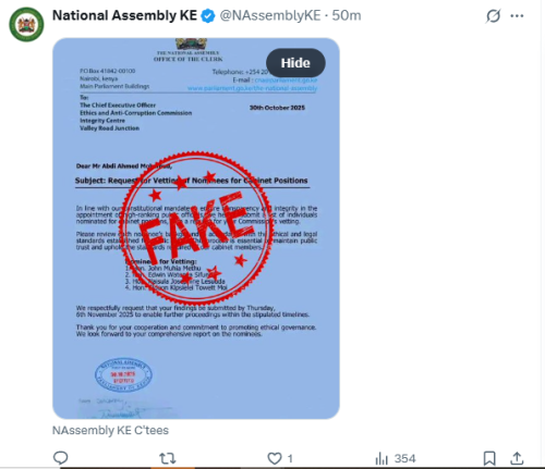 Fake circulation that has been flagged by the National Assembly. PHOTO/@NAssemblyKE/Screengrab by People Daily Digital