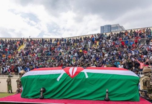 Raila Odinga’s body at the Nyayo Stadium during the national memorial service on Friday, October 17, 2025. PHOTO/@AnneWaiguru/X