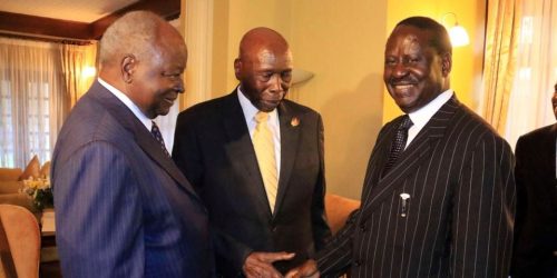 Raila Odinga with former Presidents Daniel Moi and Mwai Kibaki. PHOTO/@oldtraffordian/X