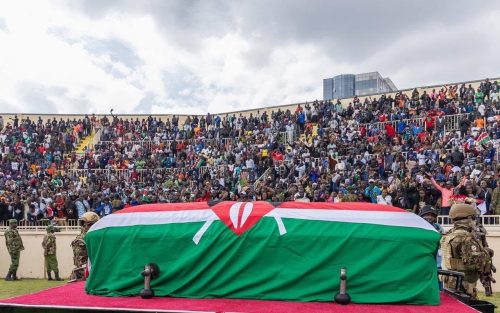 Raila Odinga's body at the Nyayo Stadium during the national memorial service on Friday, October 17, 2025. PHOTO/@AnneWaiguru/X