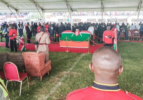 Mourners gather at Mamboleo Stadium to view the body of Raila Odinga. PHOTO/railaodinga.go.ke