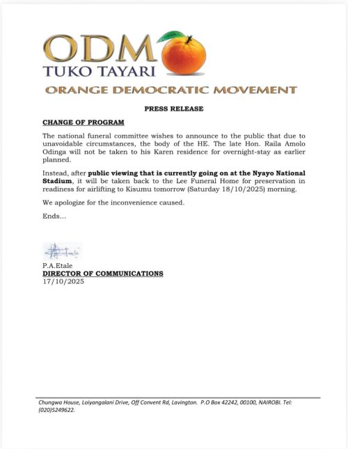 Statement of ODM announcing program changes of Raila Odinga's funeral program released on Friday, October 17, 2025. PHOTO/ODM