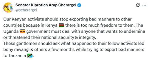 X post by Senator Kiprotich Arap Cherargei. PHOTO/Screengrab by People Daily Digital