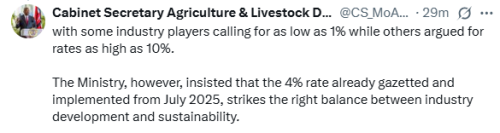 X post by the Cabinet Minister of Agriculture. PHOTO/Screengrab by People Daily Digital