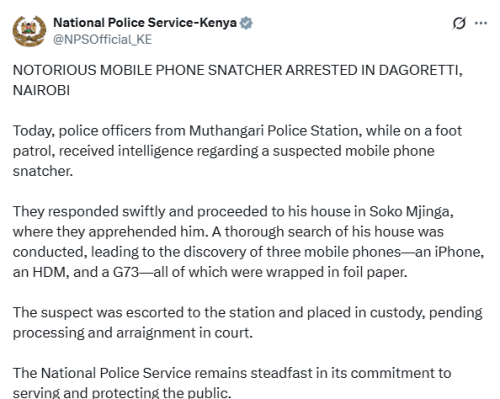 X post by the NPS. PHOTO/Screengrab by People Daily Digital