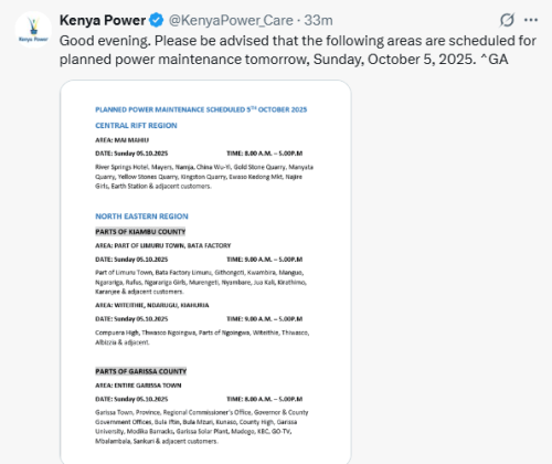 X post by Kenya Power. PHOTO/Screengrab by People Daily Digital