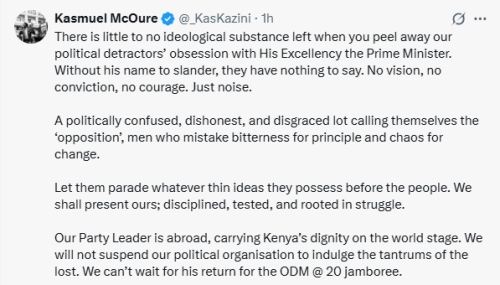 X post by Kasmuel McOure. PHOTO/Screengrab by People Daily Digital
