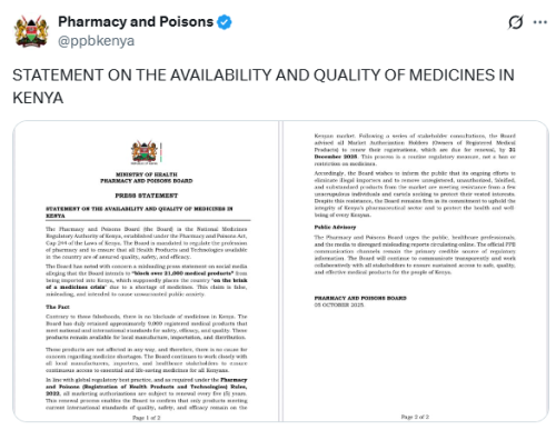 X post by the Pharmacy and Poisons Board. PHOTO/Screengrab by People Daily Digital