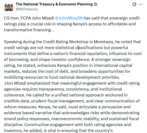 X post by the National Treasury and Economic Planning. PHOTO/Screengrab by People Daily Digital