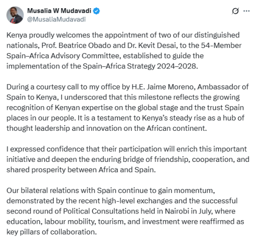 X post by Musalia Mudavadi. PHOTO/Screengrab by People Daily Digital