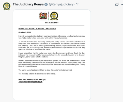 X post by the Judiciary. PHOTO/Screengrab by People Daily Digital