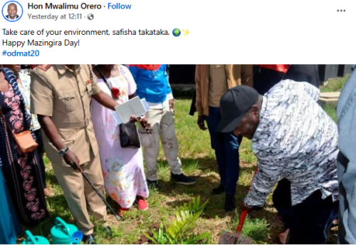 Kibra MP Peter Orero during a tree planting exercise. PHOTO/Screengrab by People Daily Digital