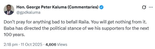 X post by Kaluma. PHOTO/Screengrab by People Daily Digital
