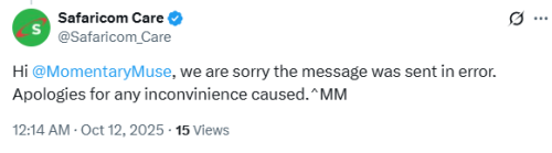 Safaricom PLC’s reply to the outage alert. PHOTO/Screengrab by People Daily Digital