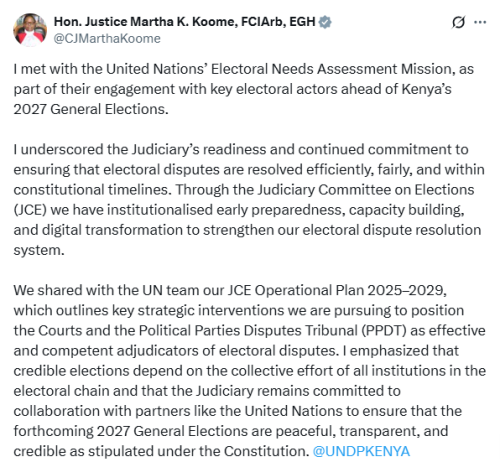 X post by Justice Martha Koome. PHOTO/Screengrab by People Daily Digital