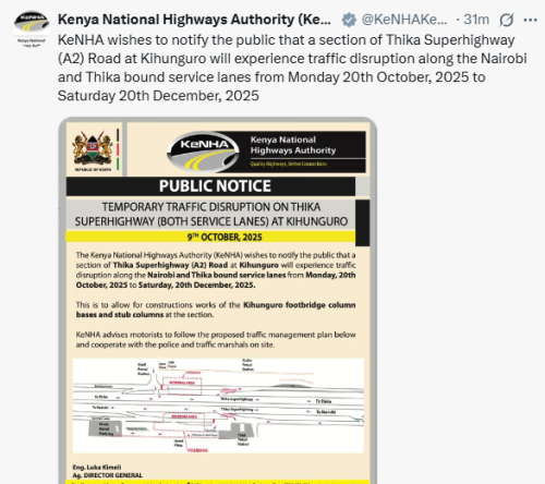 X post by KeNHA. PHOTO/Screengrab by People Daily Digital
