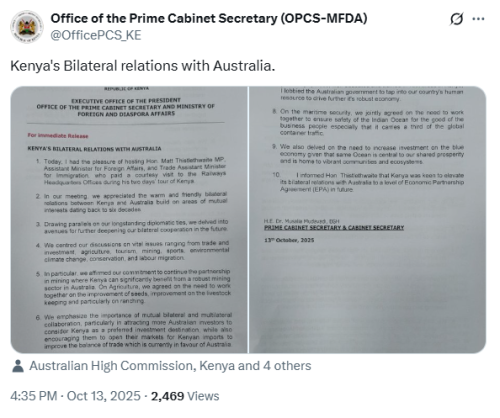 X post by the Office of the Prime Cabinet Secretary. PHOTO/Screengrab by People Daily Digital.