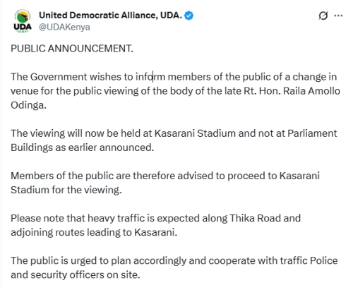 X post by UDA. PHOTO/Screengrab by People Daily Digital