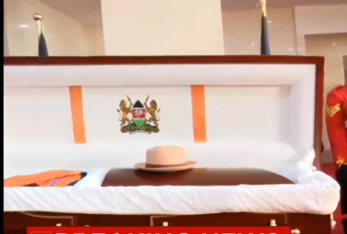 RAila Odinga's signature hat resting on his casket during its viewership. PHOTO//Screeengrab by People Daily Digital
